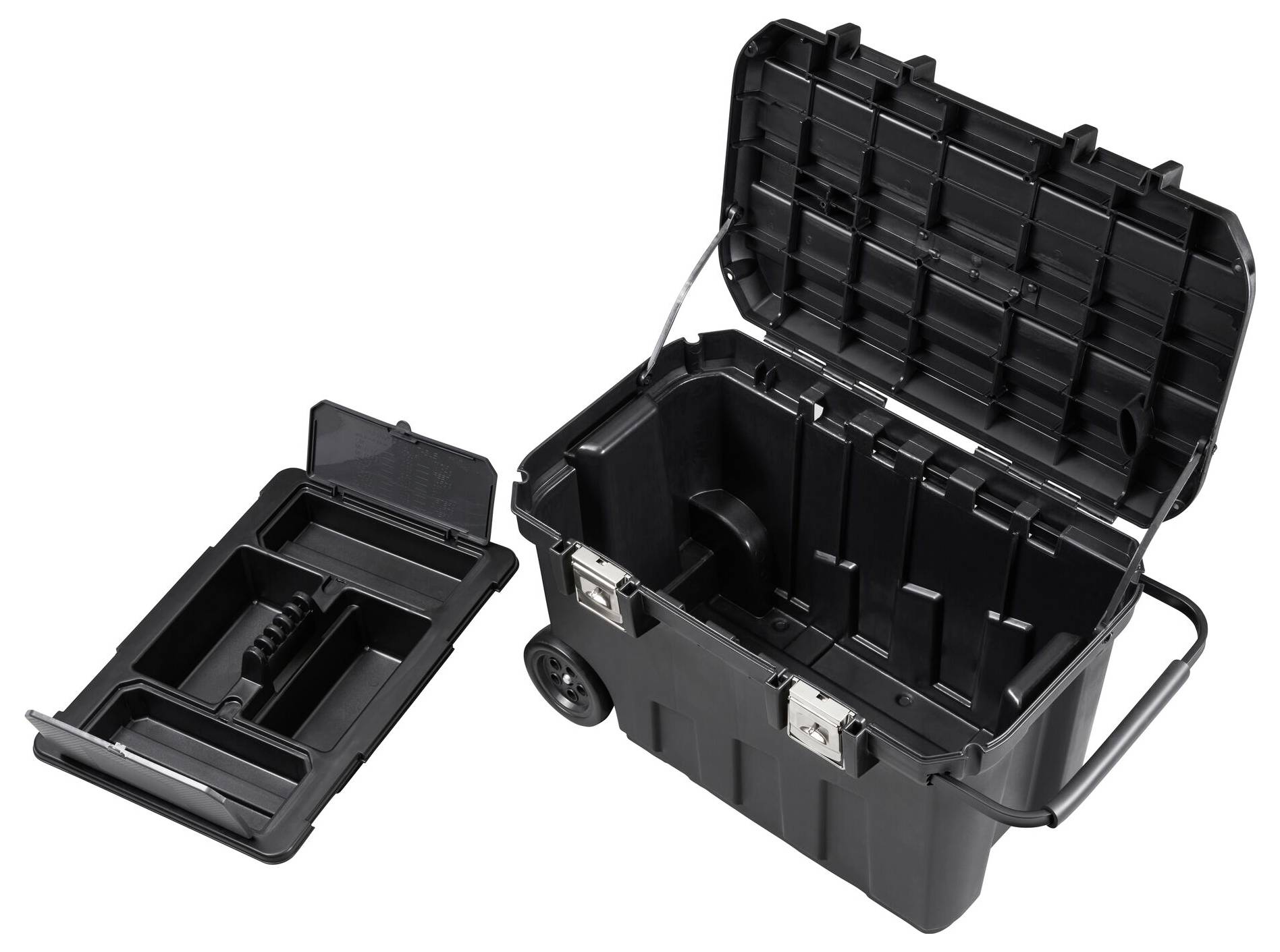 Black toolbox with an open lid, integrated wheels and handle. Removable inner compartment beside it.