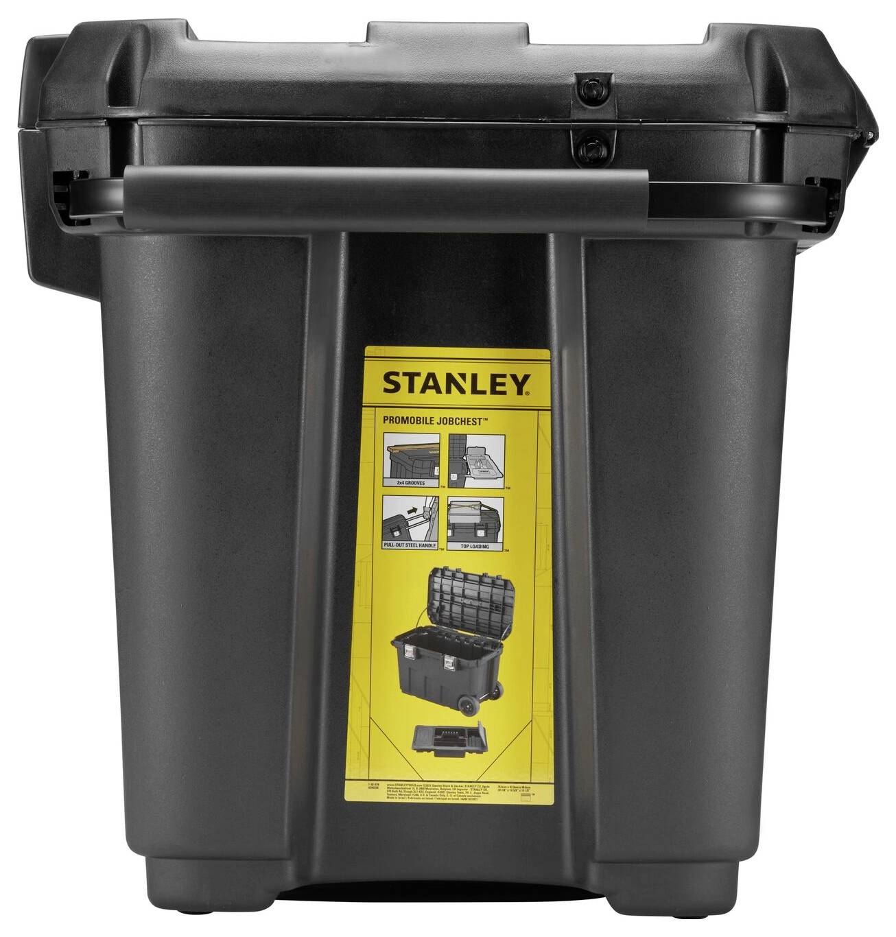 Black Stanley toolbox with a yellow label in the centre, showing instructions for use and storage.