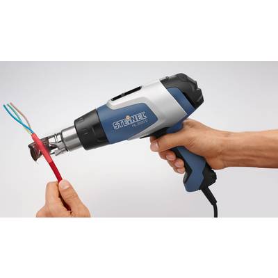 A hand is holding a blue heat gun, stripping plastic from a red-sheathed cable.