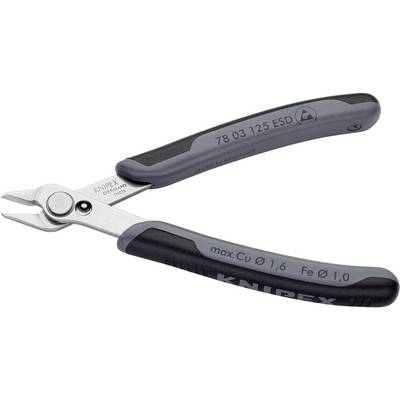 A grey Knipex pliers with ergonomic handles, suitable for wire cutting. Inscription shows maximum capacity 'Cu 1.6, Fe 1.0'.