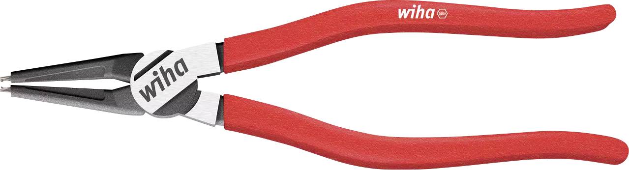 Red-handled Wiha long-nose pliers with a pointed silver jaw on a white background.