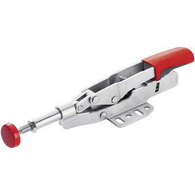 Metallic adjustable G-clamp with a red plastic handle and screw mechanism for securing workpieces to a work surface.