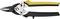 A hand metal shear with a yellow and black handle, suitable for cutting metal sheets, lies on a white background.