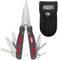 A multi-function tool with various fold-out functions and a red, labelled handle. Beside it, a black pouch.