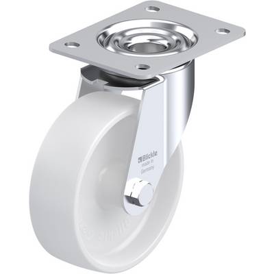 Industrial castor wheel with metal mounting and white wheel, suitable for heavy loads, featuring the 'Blickle' logo and 'made in Germany' text.