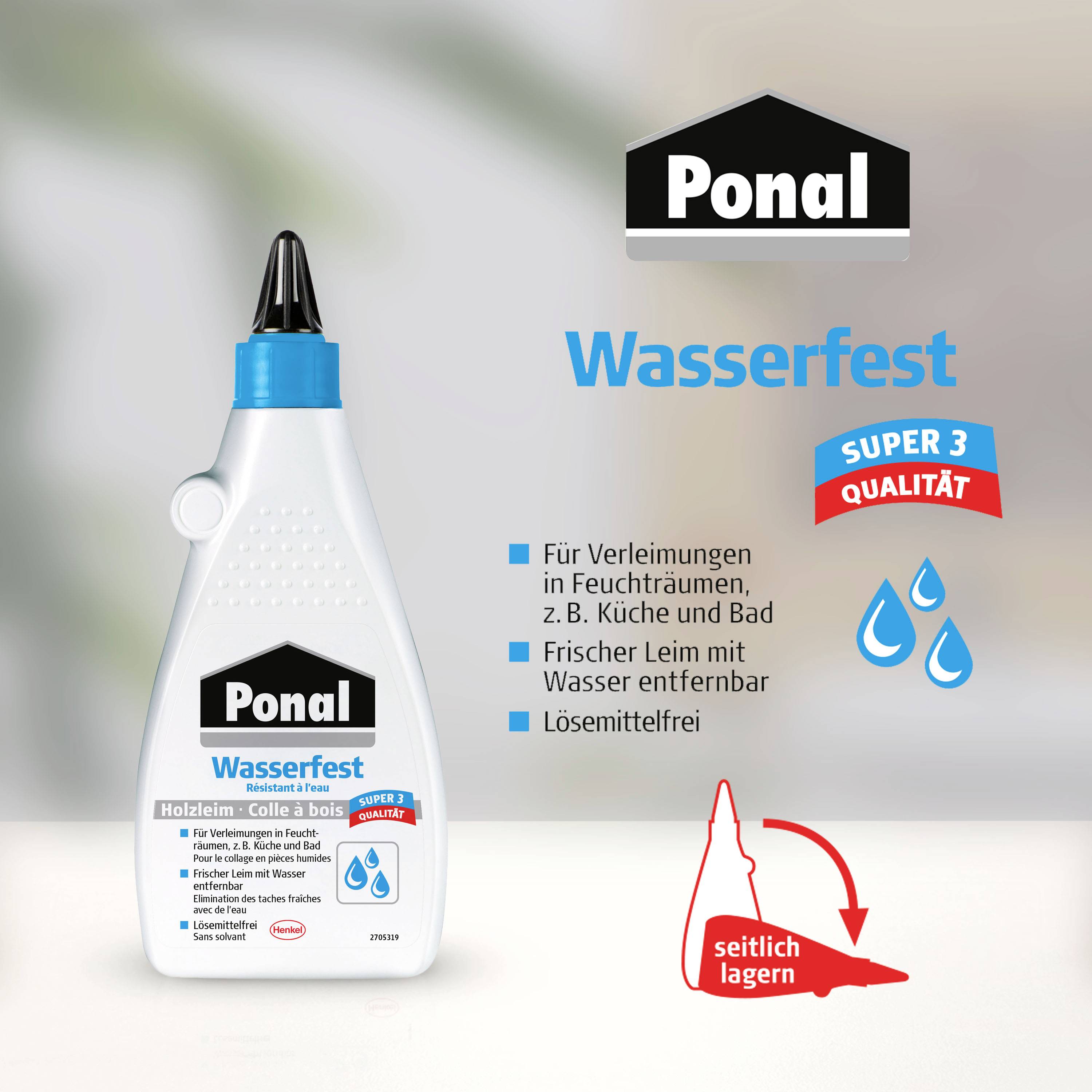 'Ponal' wood glue bottle with blue cap. Text: 'Water-resistant', 'For bonding in damp areas', 'Fresh adhesive removable with water'.