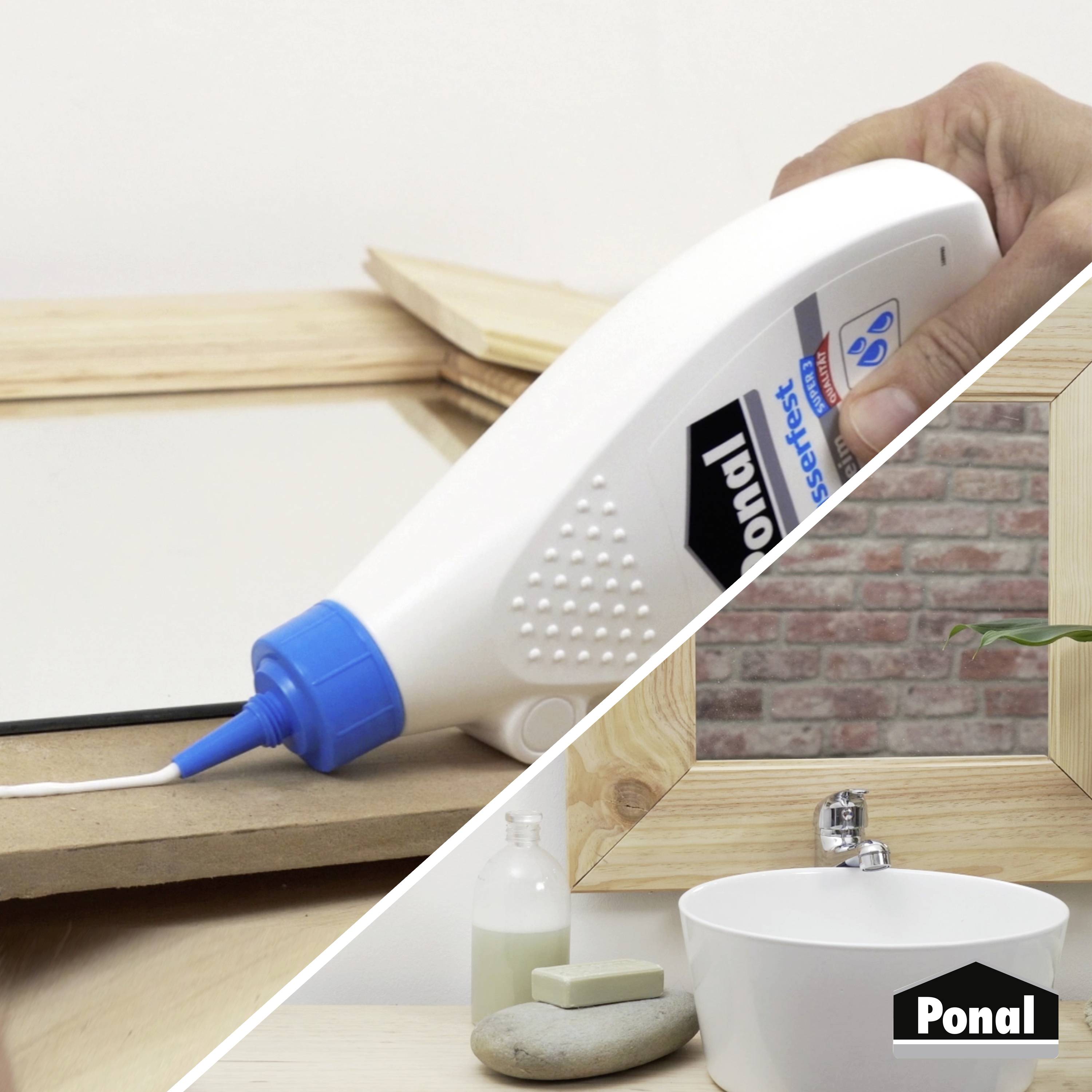 Glue being applied to a wooden surface, with folded towels on a shelf; labeled 'Ponal' indicating product use in woodworking.