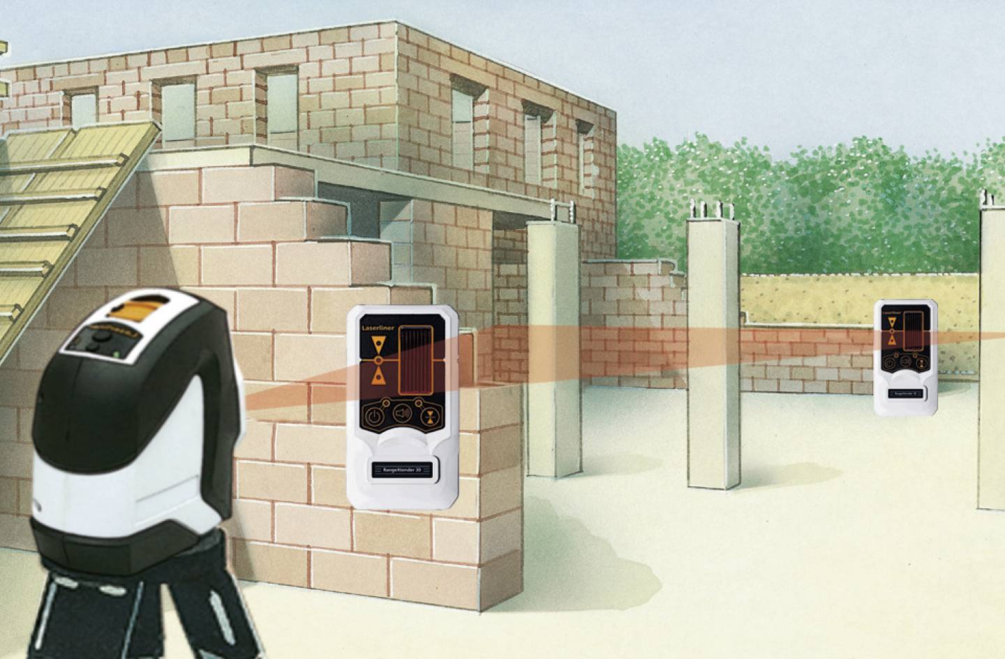 Image of a construction laser with receivers used for levelling during building works. In the background, an unfinished building structure.