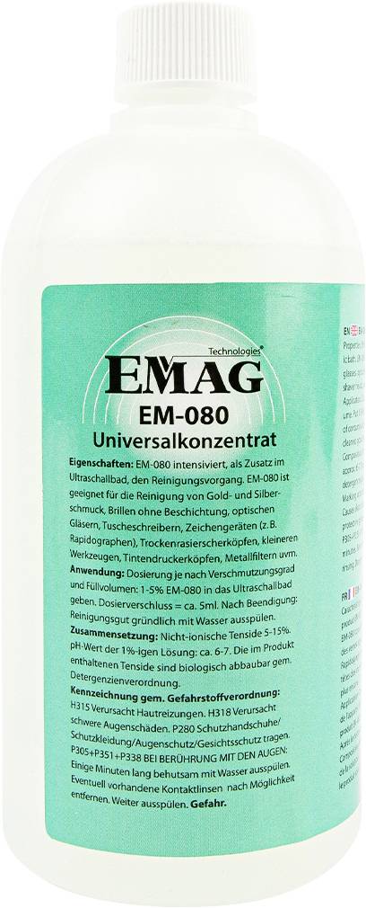 White bottle of EMAg EM-080 universal cleaner with a turquoise label and German safety/use instructions.