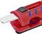 A red box cutter with a retractable blade and black slider, suitable for cutting cardboard and packaging materials.