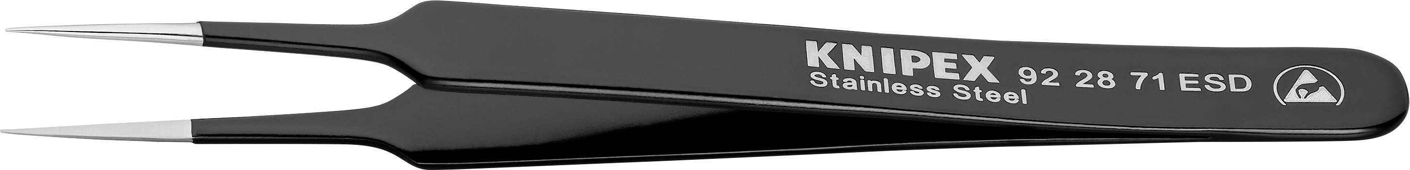 Black stainless steel tweezers with the inscription 'KNIPEX Stainless Steel 92 28 71 ESD', suitable for delicate electronic work.