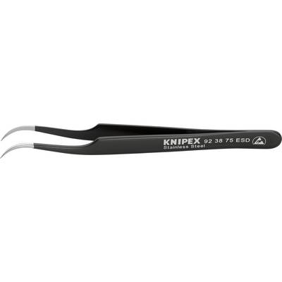 Black stainless steel tweezers with curved tips, model number '92 38 75 ESD', by the brand Knipex.