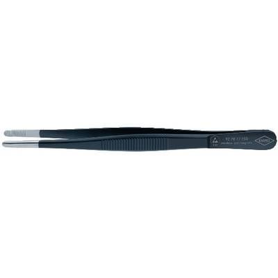 A black, high-precision tweezers with a knurled grip and bevelled tips. The model is by Wiha, article number 00 29 21 385.