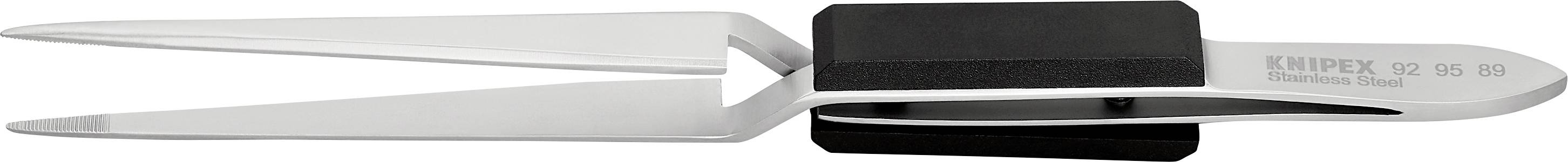 Metal tweezers with wide, flat tips and a black rubber coating in the middle for handling.