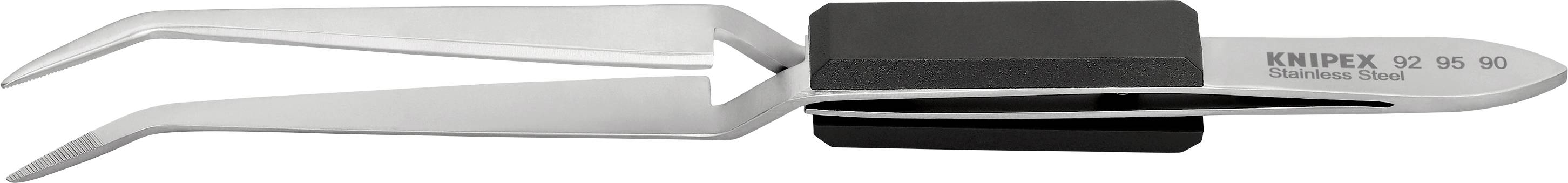 A precision tweezers made of stainless steel with sharp tips and a black handle, suitable for delicate work in electronics and crafts.