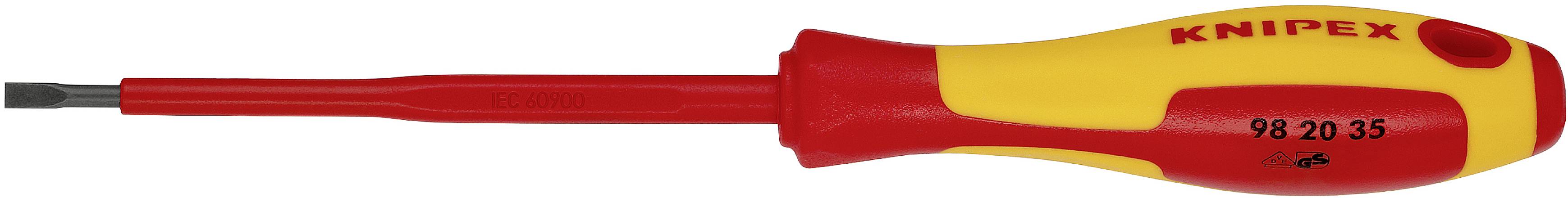 A yellow and red screwdriver with 'Knipex' printed on it, suitable for precise work and electrical safety.