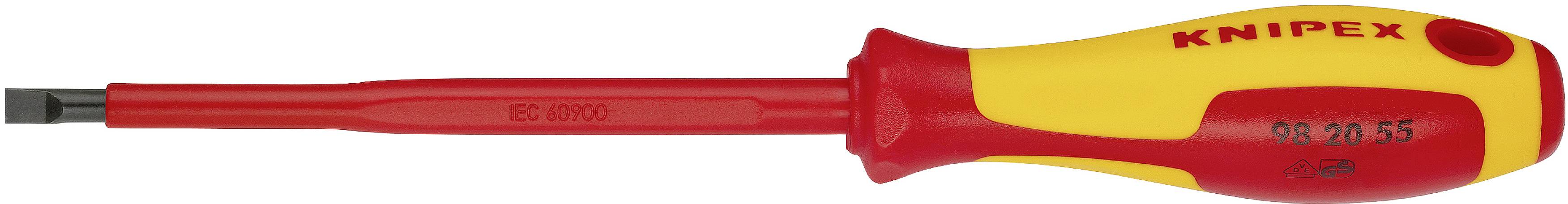 Screwdriver with yellow and red handle, insulated for working on live electrical components.