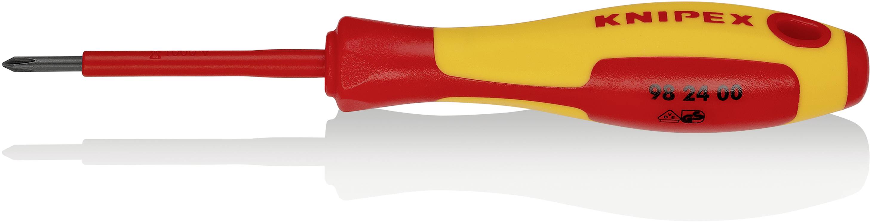 Yellow and red screwdriver with insulated handle, 'KNIPEX' brand, suitable for electrical work.