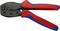 Red and blue crimping pliers on a white background, suitable for connecting cables with electrical connectors.