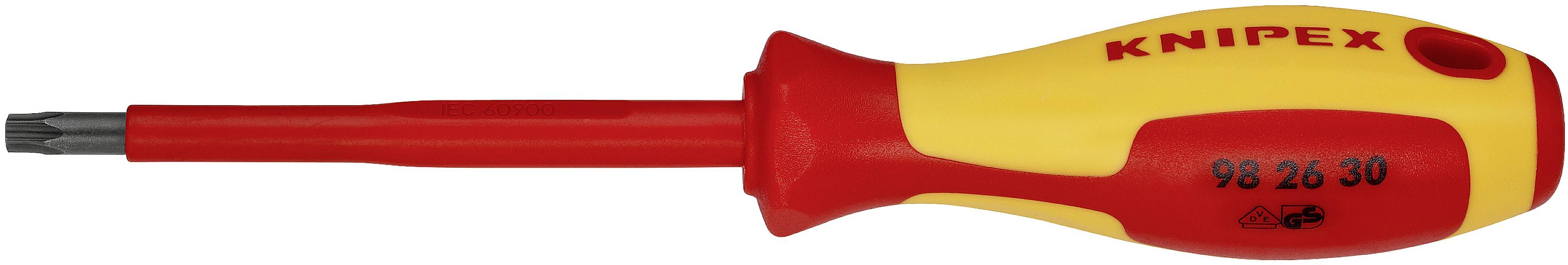 An isolated screwdriver with a yellow handle, red shaft and Torx tip. Handle labelled with 'Knipex'.