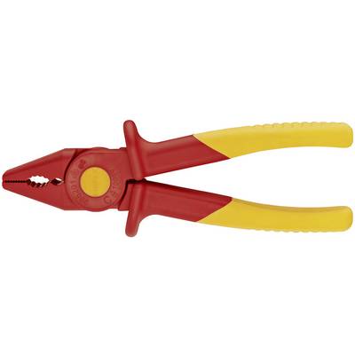 Red and yellow pliers with insulated handles, suitable for electrical work.