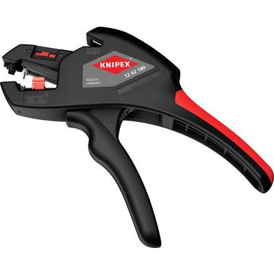 A black and red Knipex wire stripper tool, model 12 62 180, made in Germany, with ergonomic handle and blade adjustment feature.