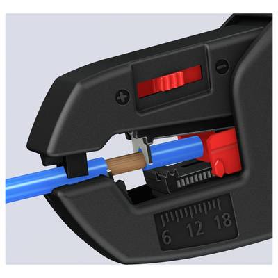 A cable stripper gripping a blue wire, showing adjustable settings for precision stripping.