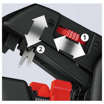 The image shows a close-up of a tool mechanism, highlighting components with numbered white arrows. Number 1 points to a red wheel; Number 2 points to a metal piece.