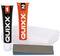Two tubes labelled 'QUIXX' with the numbers '1 REPAIR' and '2 FINISH' in front of white cloths and a sanding pad, a product for scratch removal.