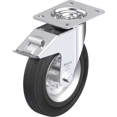 Industrial metal roller wheel with galvanised mounting plate. Black, rubber-coated wheel with 'Blickle' printed on it.