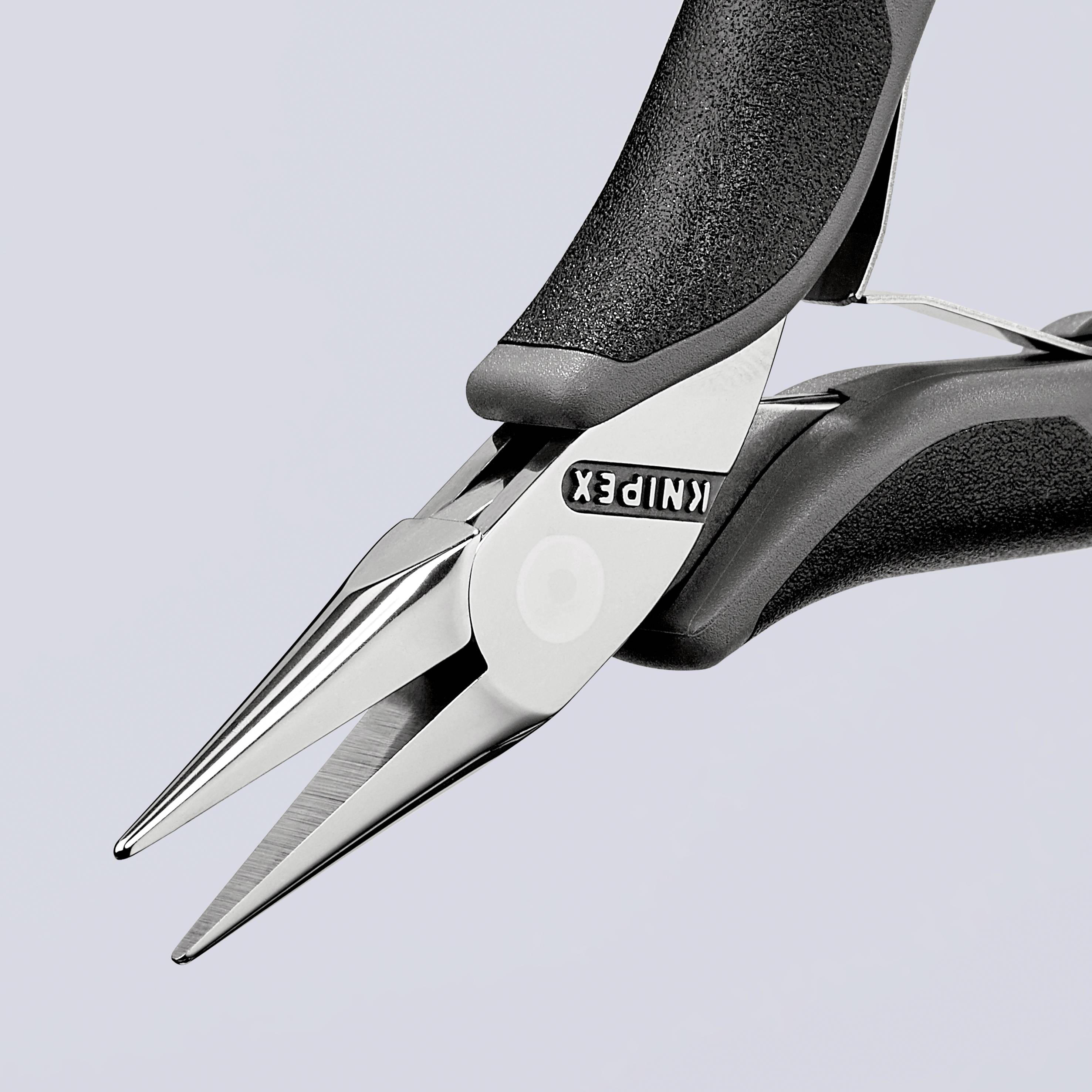 Silver precision tweezers with a black handle in close-up, showing the fine tips for precise work.