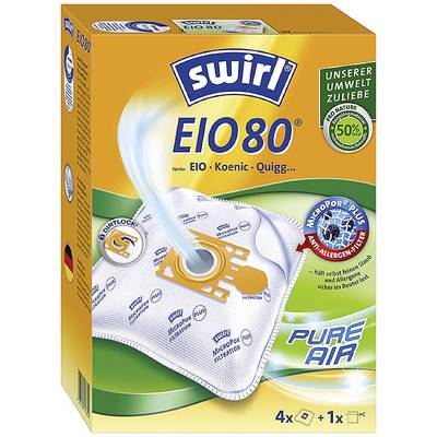 A packaging of vacuum cleaner bags brand with the logo 'Swirl EIO 80'. Contains four bags plus one free bag. Environmentally friendly features highlighted.