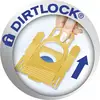 A hand removes a yellow vacuum cleaner bag cartridge with a 'Dirtlock' logo. A blue arrow points upwards.