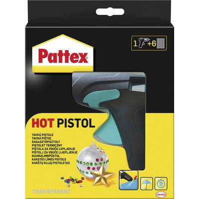 'Pattex Hot Pistol' packaging shows a hot glue gun, multilingual text, and images of crafts. Includes six glue sticks.