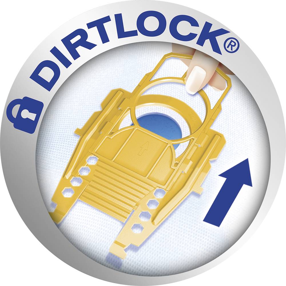 'Symbolic photo by Dirtlock: Yellow disposal in blue bin; arrow indicates secure locking of the lid.'