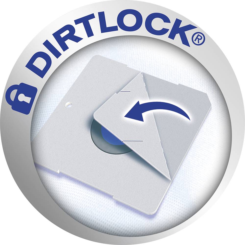 A round sticker shows a hole with a removable sticker and a blue arrow. 'DIRTLOCK' trademark at the top.
