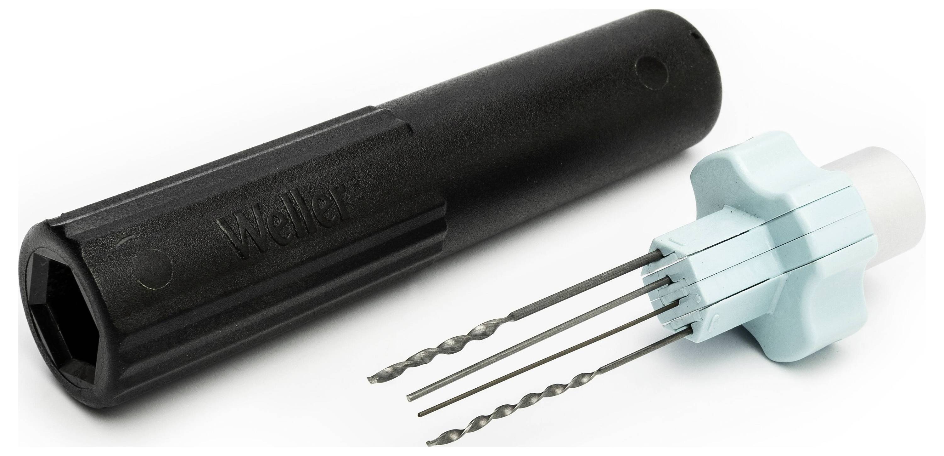 A black plastic casing and a blue handle tool with several small, thin drill bits extending from it, used for precise drilling tasks.