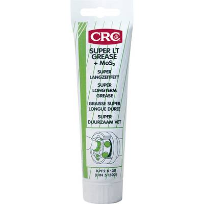 A tube of 'CRC Super LT Grease + MoS2', labeled as super long-term grease, with illustrations showing its application.