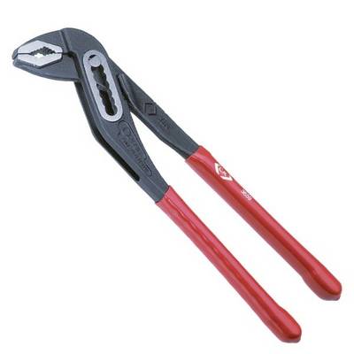 A red water pump pliers with adjustable arms and toothed gripping jaws. Ideal for gripping and turning pipes.