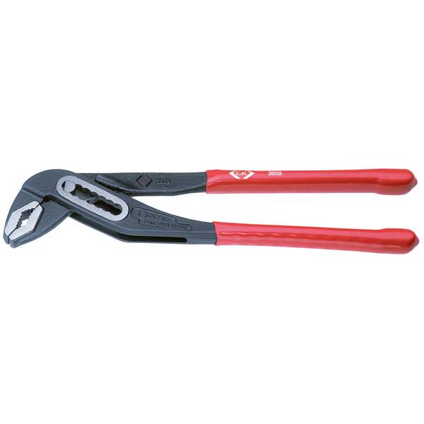 A red water pump pliers with an adjustable handle and serrated jaws, ideal for gripping and turning pipes and nuts.