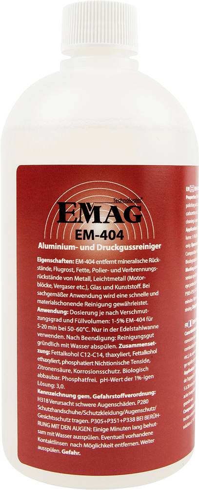 White bottle of EMAG EM-404 aluminum and dirt cleaner with red label and safety instructions in German.