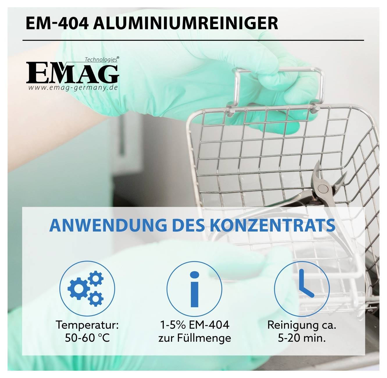 Advertising graphic for 'EM-404 Aluminium Cleaner' by EMAG with glove and metal basket; shows application of the concentrate: 50–60 °C, 1–5 % of the fill volume, cleaning approximately 5–20 minutes.