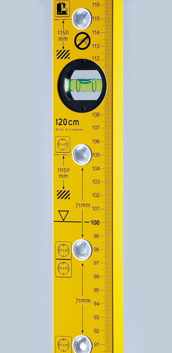 Spirit level with measurement scale up to 120 cm, yellow, shows height and position settings. Contains circular spirit levels and measurement lines.