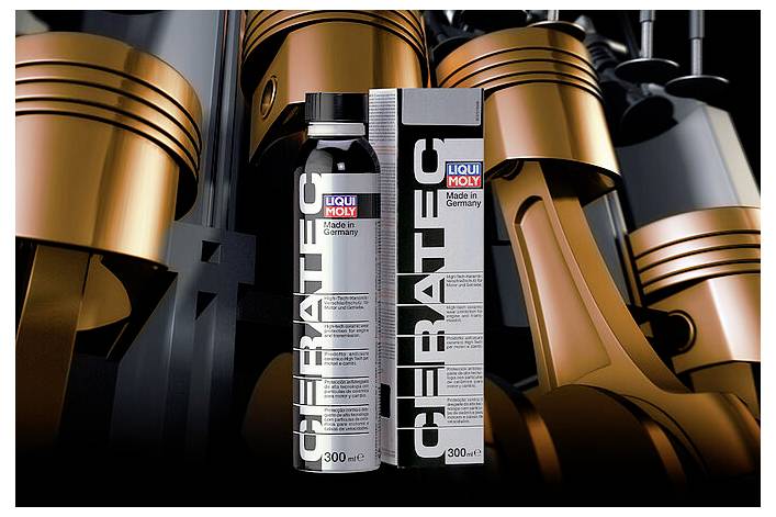 A bottle of Liqui Moly Cera Tec engine treatment next to its packaging, with abstract piston graphics in the background.