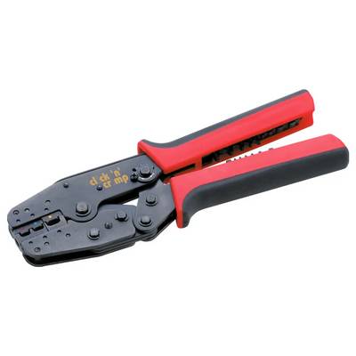 A pair of red and black crimping pliers with a metal head, designed for fastening and cutting wires, shown against a white background.