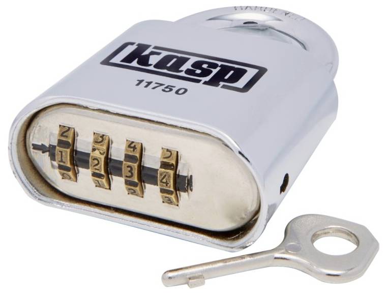 'A silver combination padlock with four rotating dials displaying numbers 1 to 4, branded as Kasp, next to a metal key.'