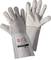 Two grey work gloves with reinforced palms and long cuffs. Label displays safety certificates and type designation.