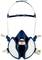 A blue respiratory protective mask with white filters and adjustable straps for personal protective equipment.