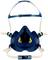 A blue respiratory protective mask with a yellow inner piece and adjustable white straps, ready for use in occupational safety.