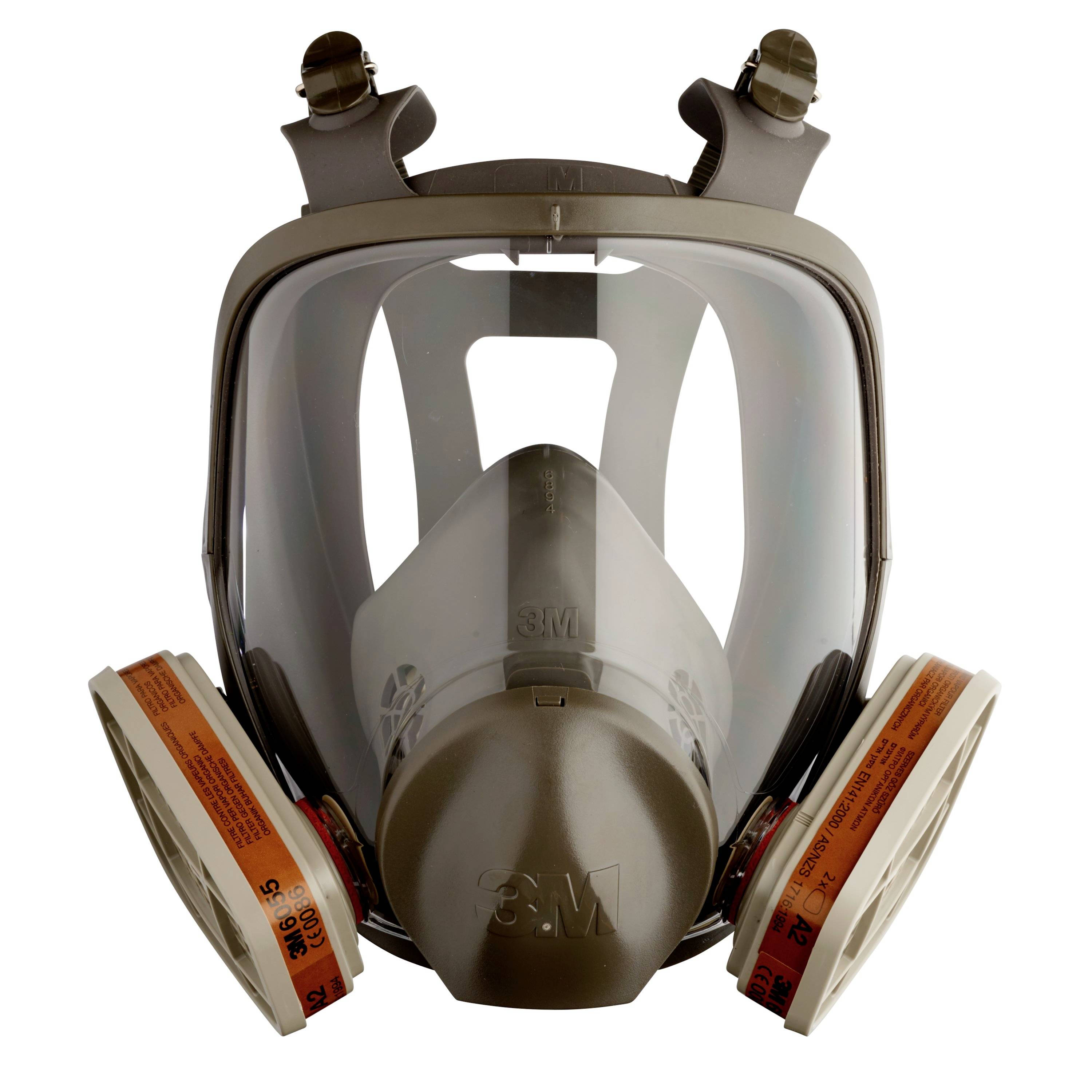 A grey gas mask filter with two orange filter units, suitable for respiratory protection in hazardous environments.